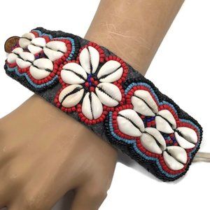 African Shell Bracelet, Cowrie Shells, Glass Beads, Vintage Bracelet, Red, Blue,